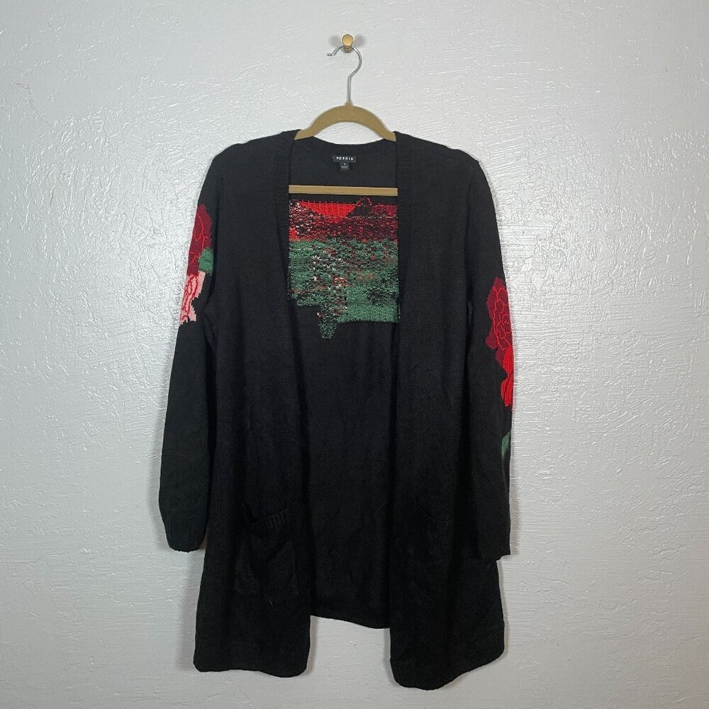 Torrid Women Plus Size 1 Black Red Rose Knit Sweater Cardigan Open Front Punk